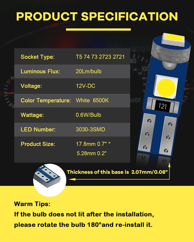 Alopee T5 LED Bulbs White 12V 2721 Replacement for Car Dash Instrument Panel Gauge Cluster Indicator Door Light Compatible with 73 74 37 2723, Pack of 20 - Image 3